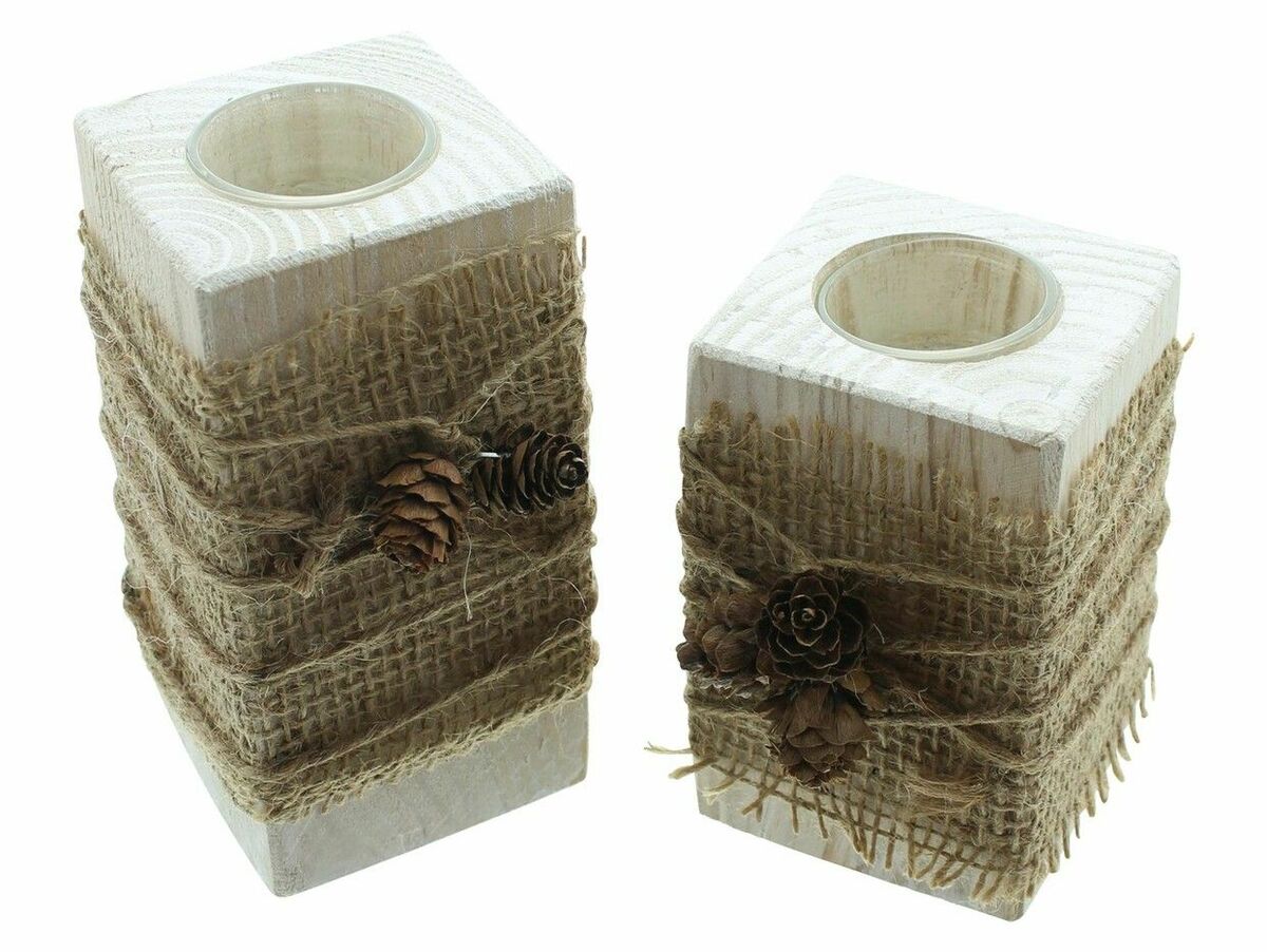 Bild 1 von HomeLiving Teelichthalter "Natural Vintage" 2er Set rustikale Block Kerzenhalter mit Zapfen