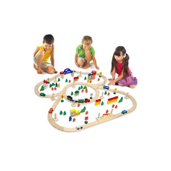 Bild 1 von Holzeisenbahn 130 Teile Spielzeug-Eisenbahn inkl. Zubehör Holz-Eisenbahn-Set 5 Meter Schienenlänge