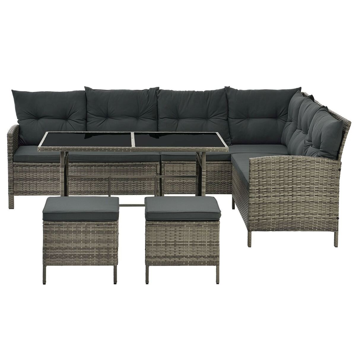 Bild 1 von Juskys Gartenlounge Manacor grau - Sofa, Tisch, Hocker & Kissen - 7 Personen - Sitzbezüge Grau