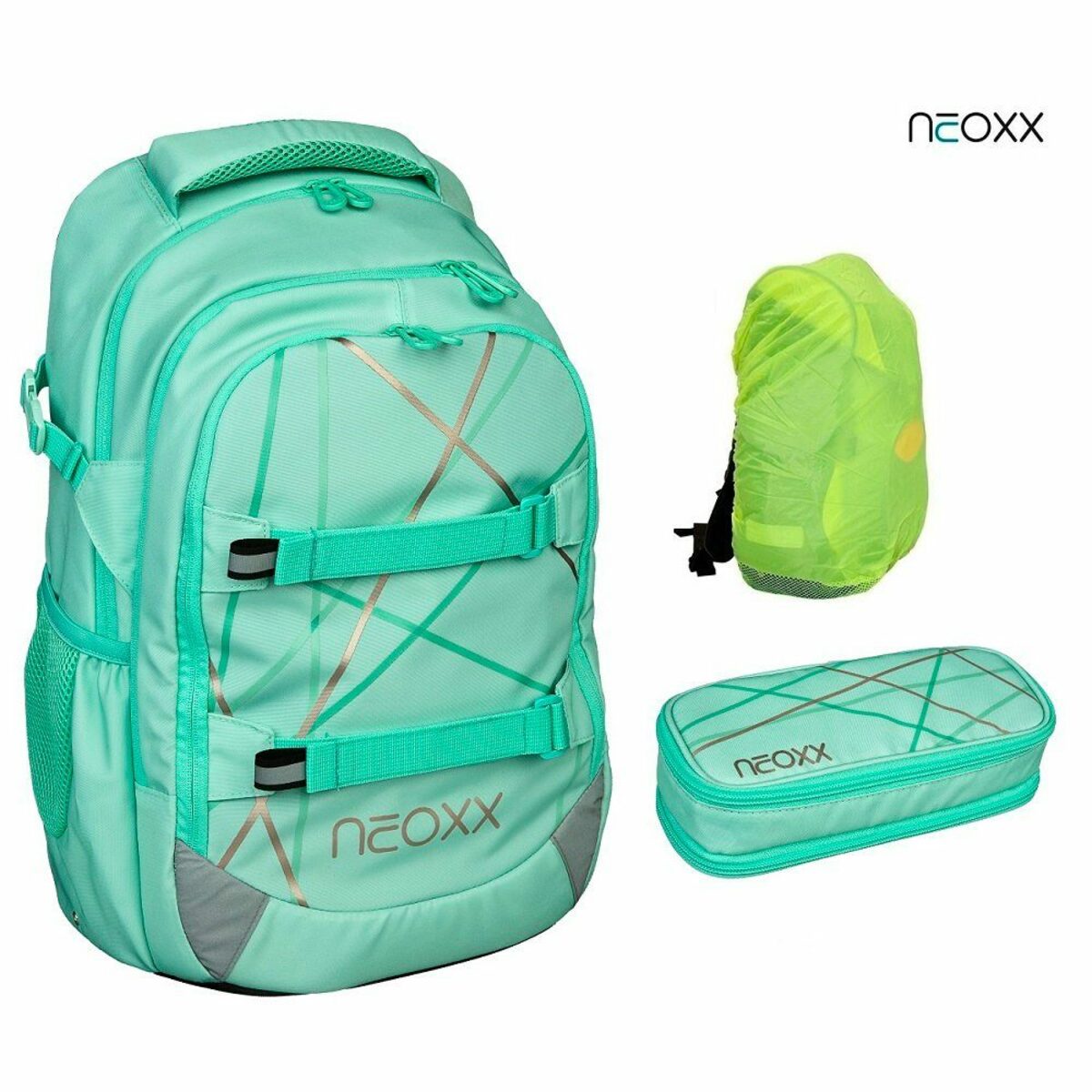 Bild 1 von neoxx Schulranzen Active (Set, 3-tlg. inkl. Schamper Box und Regenschutz-Hülle), Rucksack Set "mint to be" - Schultasche 5. bis 12. Klasse