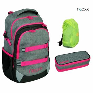 neoxx Schulranzen Active (Set, 3-tlg. inkl. Schamper Box und Regenschutz-Hülle), Rucksack Set "pink in famous" - Schultasche 5. bis 12. Klasse