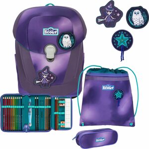 Scout Schulranzen Sunny II Exklusiv Superflash, Purple Magic (Set), extra große reflektierende Flächen; Faser aus recycelten PET-Flaschen