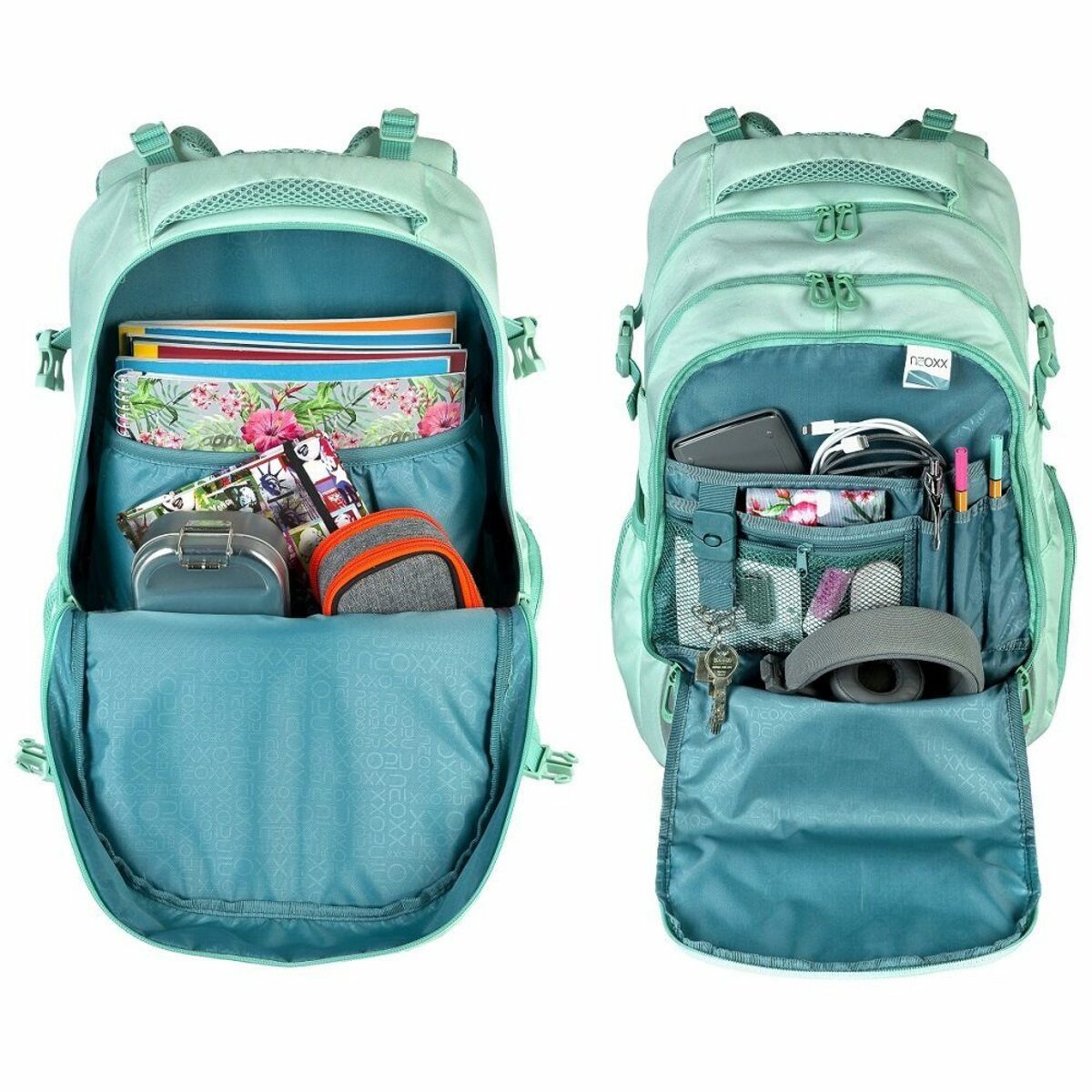 Bild 3 von neoxx Schulranzen Active (Set, 3-tlg. inkl. Schamper Box und Regenschutz-Hülle), Rucksack Set "mint to be" - Schultasche 5. bis 12. Klasse