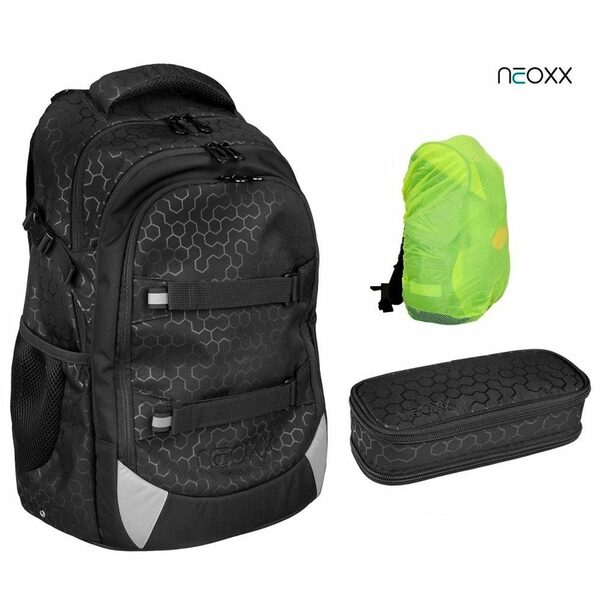 Bild 1 von neoxx Schulranzen Active (Set, 3-tlg. inkl. Schamper Box und Regenschutz-Hülle), Rucksack Set "Lost in Black" - Schultasche 5. bis 12. Klasse