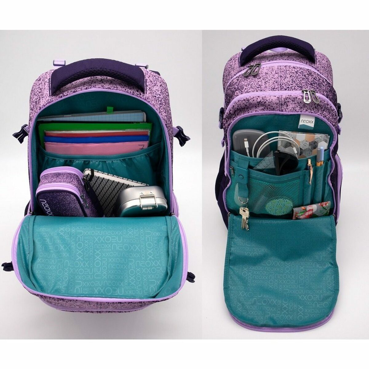 Bild 3 von neoxx Schulranzen Active (Set, 3-tlg. inkl. Schamper Box und Regenschutz-Hülle), Mädchen Rucksack Set "Glitterally" - Schultasche 5. bis 12. Klasse