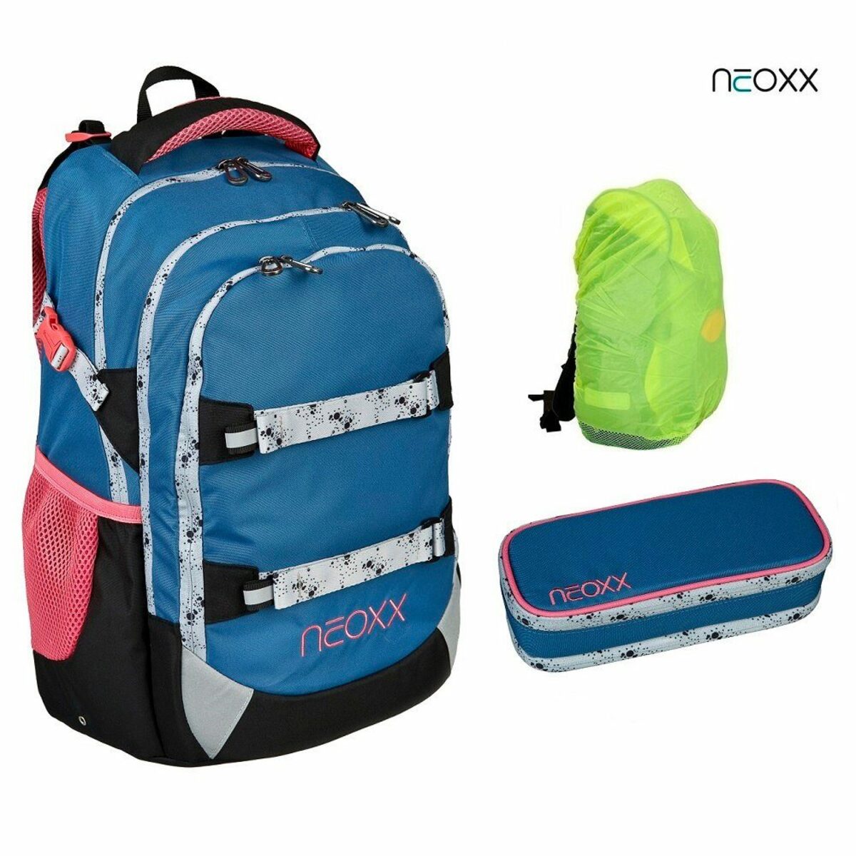 Bild 1 von neoxx Schulranzen Active (Set, 3-tlg. inkl. Schamper Box und Regenschutz-Hülle), Mädchen Rucksack Set "Splash" - Schultasche 5. bis 12. Klasse
