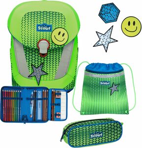 Scout Schulranzen Sunny II Neon Safety, Green Gecko (Set), extra große reflektierende Flächen; Faser aus recycelten PET-Flaschen