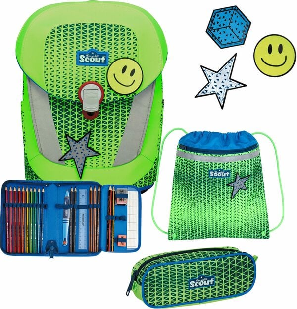 Bild 1 von Scout Schulranzen Sunny II Neon Safety, Green Gecko (Set), extra große reflektierende Flächen; Faser aus recycelten PET-Flaschen