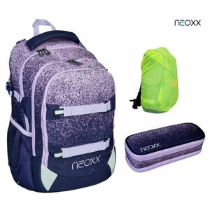 neoxx Schulranzen Active (Set, 3-tlg. inkl. Schamper Box und Regenschutz-Hülle), Mädchen Rucksack Set "Glitterally" - Schultasche 5. bis 12. Klasse