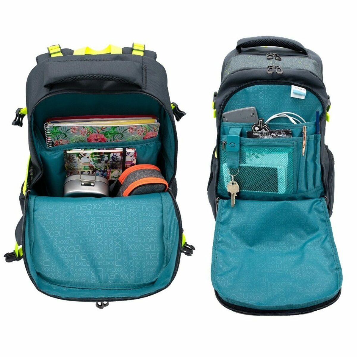 Bild 3 von neoxx Schulranzen Active (Set, 3-tlg. inkl. Schamper Box und Regenschutz-Hülle), Rucksack Set "Boom" - Schultasche 5. bis 12. Klasse