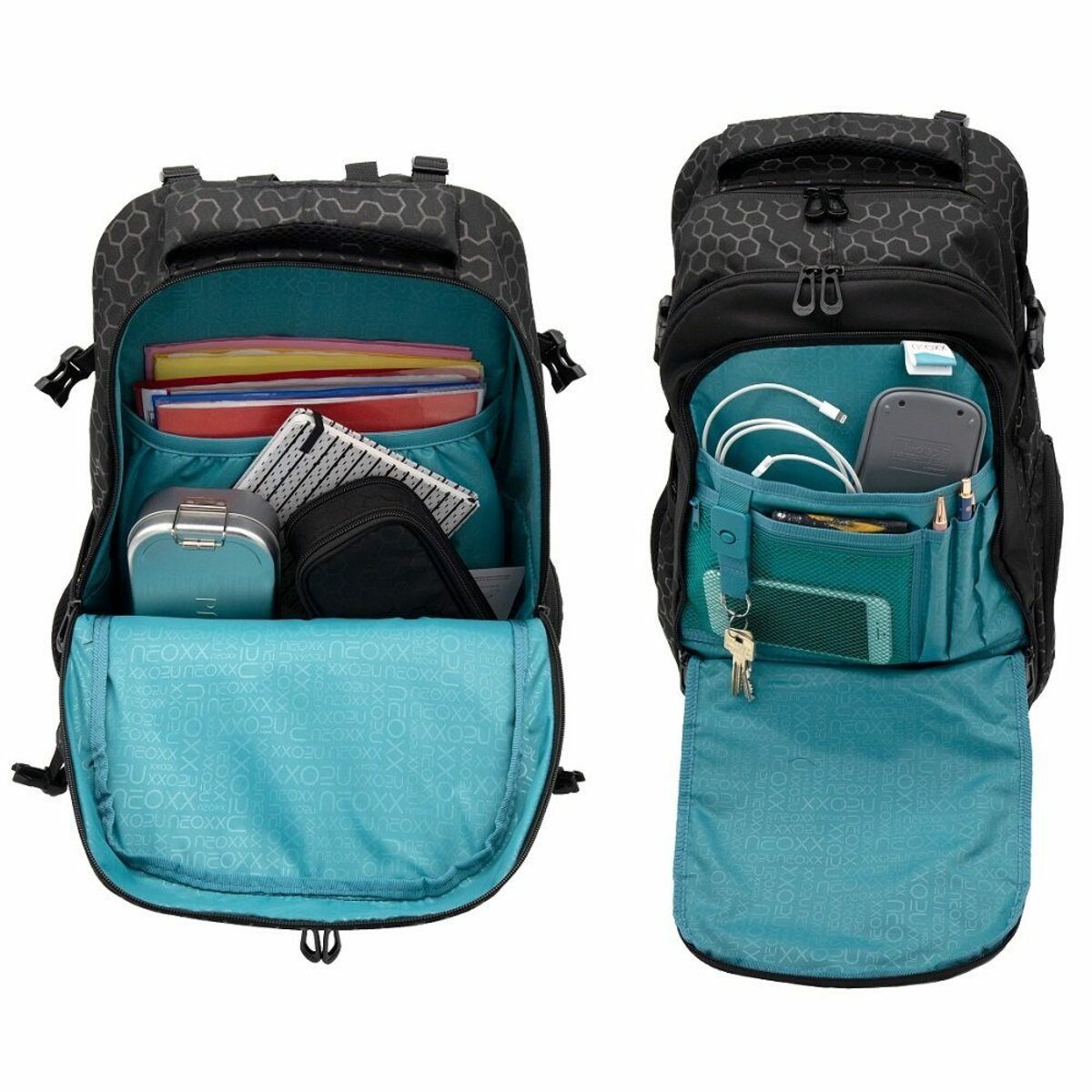 Bild 3 von neoxx Schulranzen Active (Set, 3-tlg. inkl. Schamper Box und Regenschutz-Hülle), Rucksack Set "Lost in Black" - Schultasche 5. bis 12. Klasse