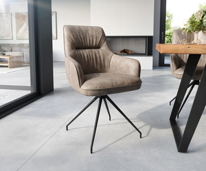 Drehstuhl Zelia-Flex mit Armlehnen Taupe Vintage Kreuzgestell konisch Schwarz 180° drehbar Taschenfederkern