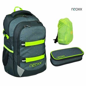 neoxx Schulranzen Active (Set, 3-tlg. inkl. Schamper Box und Regenschutz-Hülle), Rucksack Set "Boom" - Schultasche 5. bis 12. Klasse