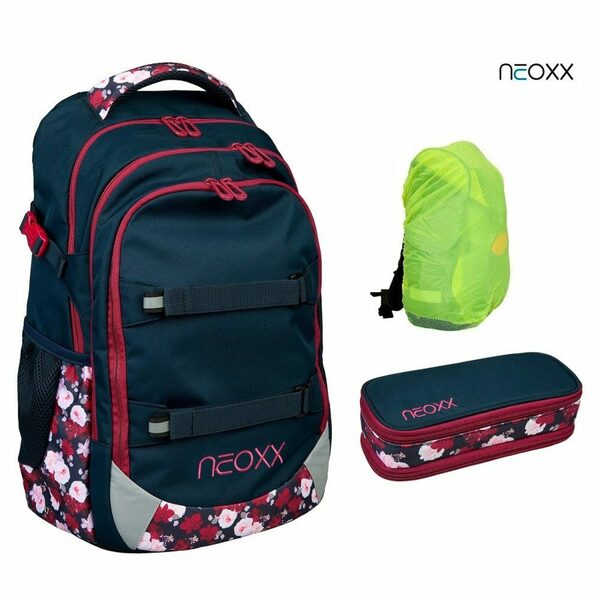 Bild 1 von neoxx Schulranzen Active (Set, 3-tlg. inkl. Schamper Box und Regenschutz-Hülle), Rucksack Set "my heart Bloom" geblümt - Schultasche 5. bis 12. Klasse