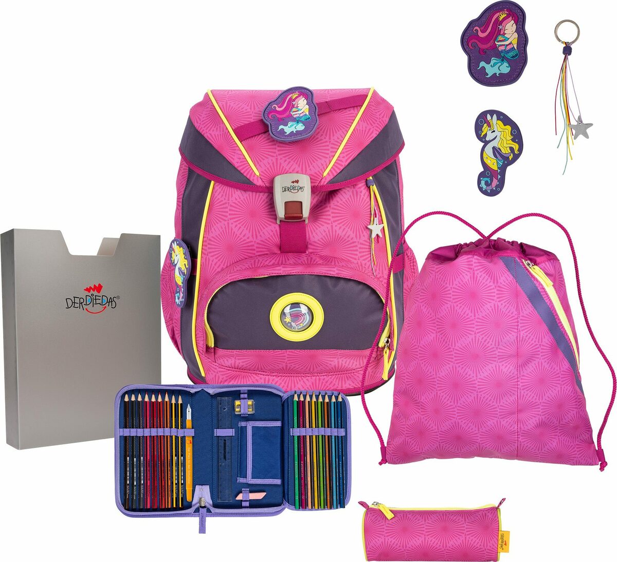 Bild 1 von DerDieDas® Schulrucksack ErgoFlex Exklusiv Superflash - Pink Mermaid (Set), mit extra großen reflektierenden Flächen an Front, Deckel & Seiten