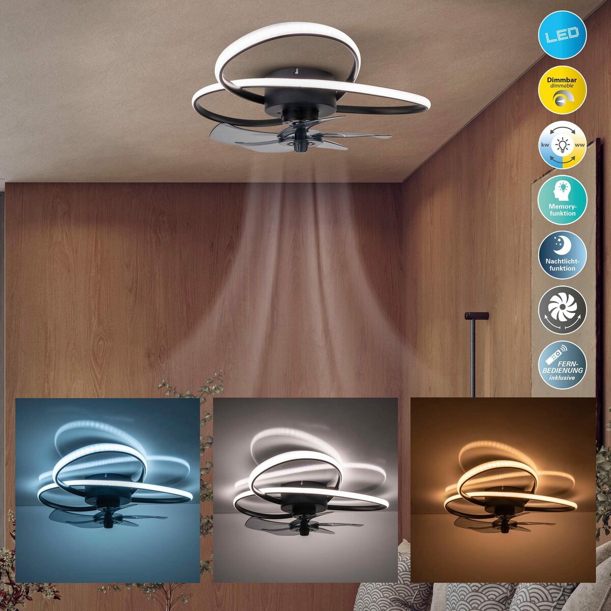 Bild 3 von Places of Style LED Deckenleuchte Leccio, CCT - über Fernbedienung, Dimmfunktion, Fernbedienung, Infrarot inkl., Memoryfunktion, Nachtlichtfunktion, Ventilatorfunktion, LED fest integriert, Kal