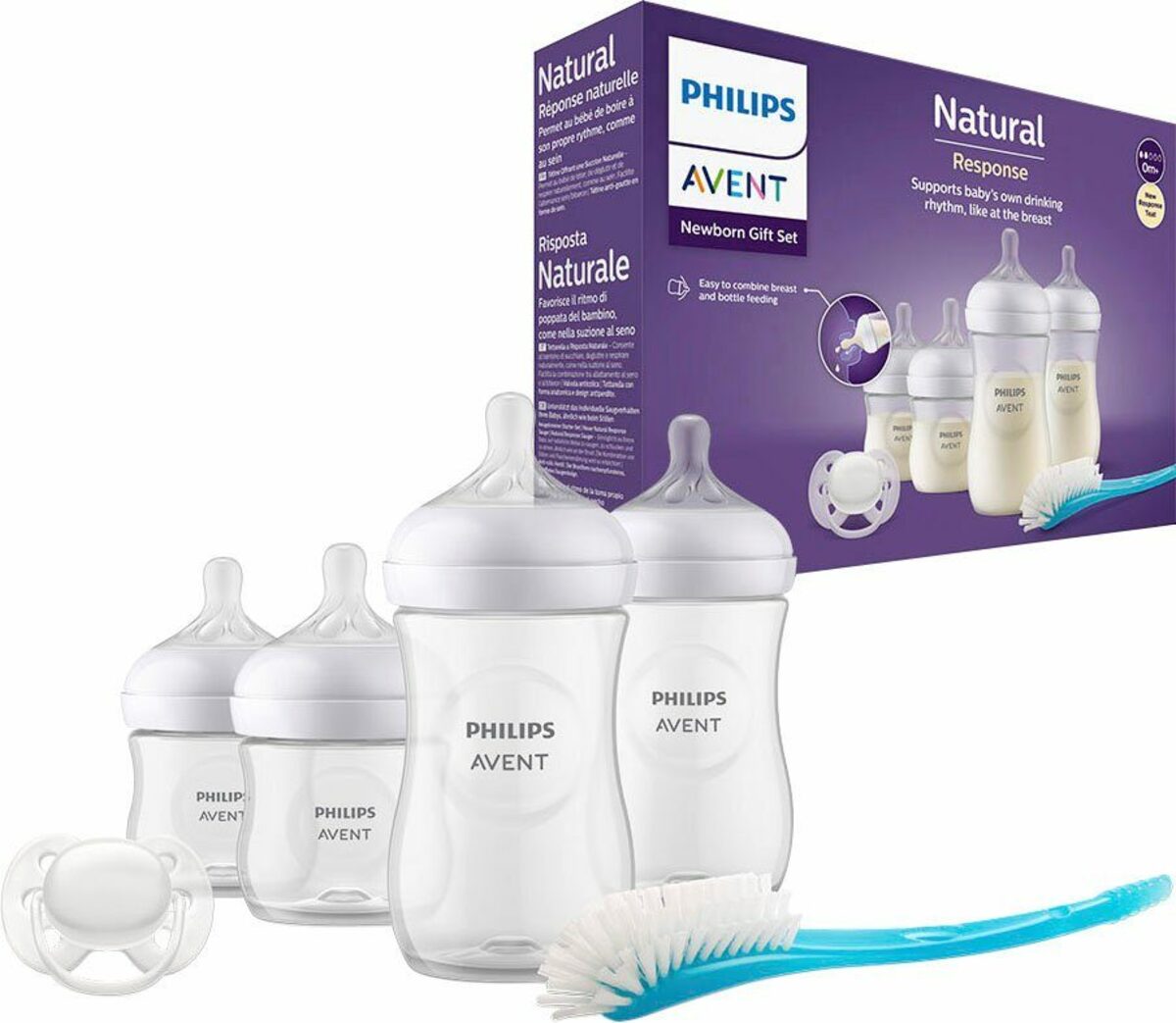 Bild 1 von Philips AVENT Babyflasche Natural Response Starter-Set für Neugeborene SCD838/11, 4 Flaschen, ultra soft Schnuller und Flaschenbürste