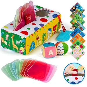 Auney Montessori Spielzeug ab 1 Jahr, Babyspielzeug Tissue Box mit 10er Farbiges Tuch & 8er Crinkle Tuch, Sensorik Spielzeug Baby Spielzeug 6 7 8 9 10 11 Monate 1 Jahr