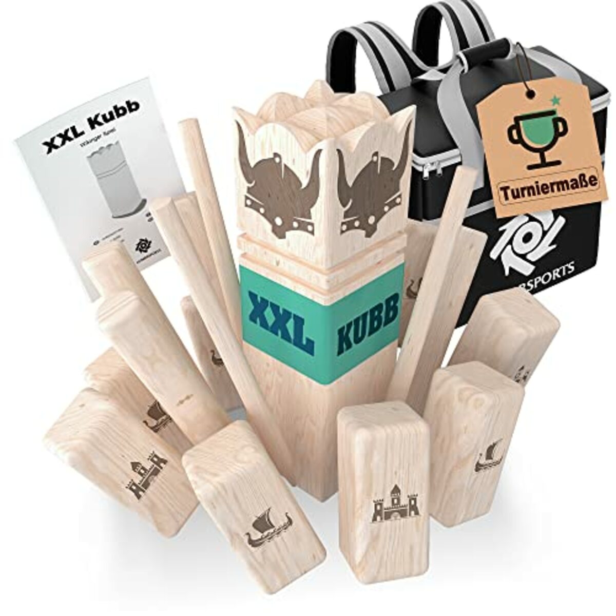 Bild 1 von LumbrSports XXL Kubb Spiel [Premium] Holz Wikinger Spiel aus Gummibaum Holz – Kubb Hartholz für Erwachsene - mit praktischer Tragetasche