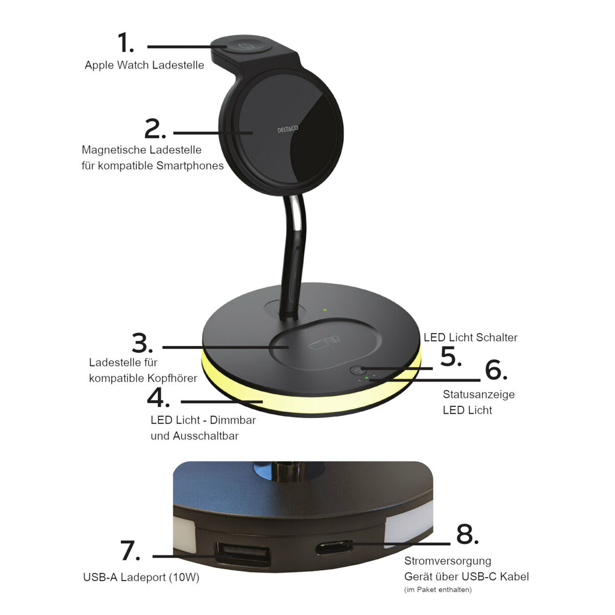 Bild 4 von DELCATO 
                                            3-in-1 Wireless Charger QI-1041 mit LED-Beleuchtung, 15 W