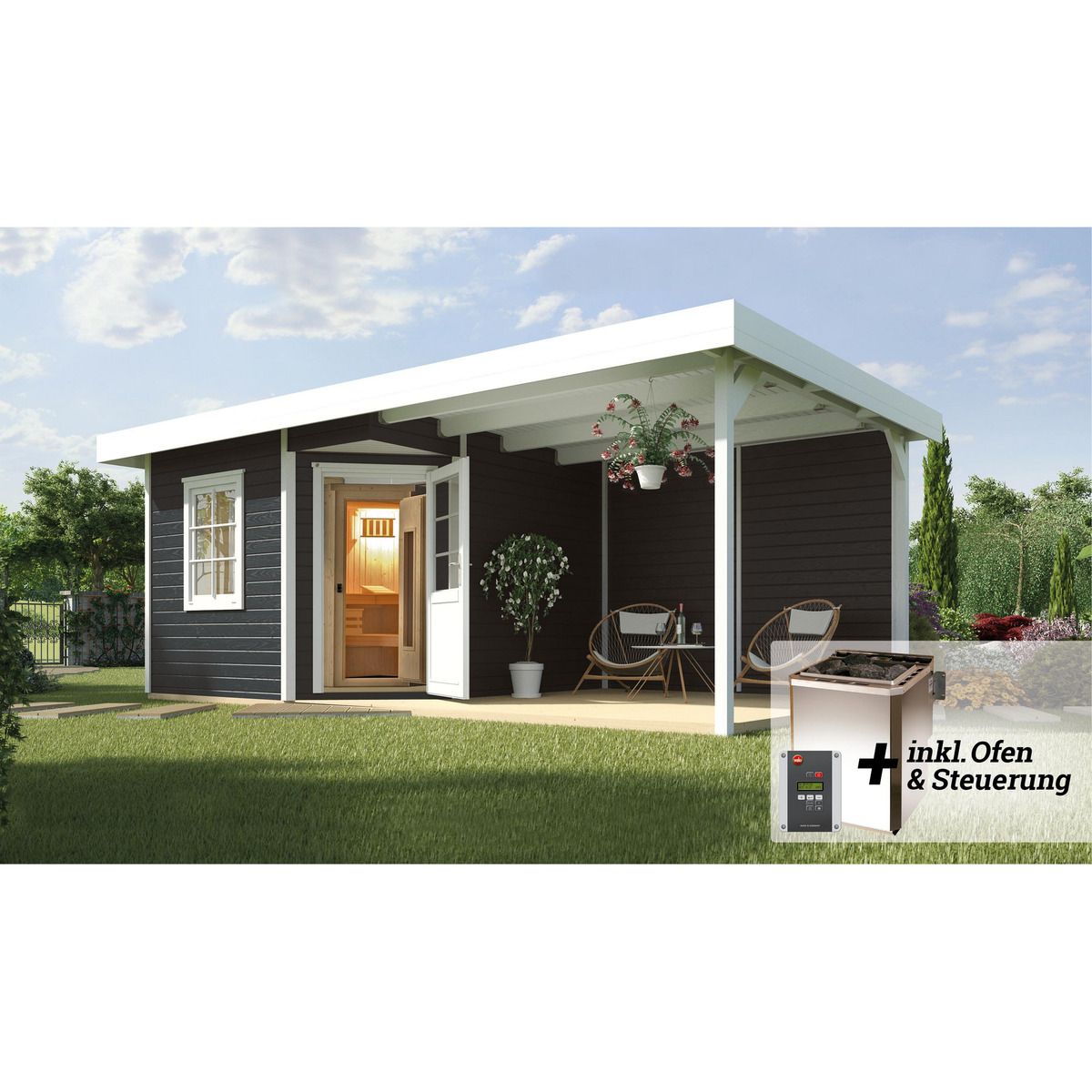 Bild 1 von Weka Saunahaus 'Salo 2' anthrazit mit Sauna Varberg 3 und 7,5 kW OS-Ofenset, Steuerung 601 x 298 x 237 cm