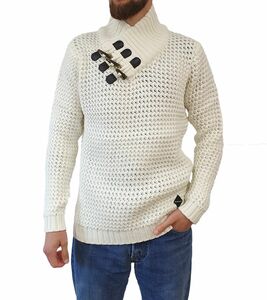 MISHUMO Herren Grobstrick-Pullover mit Stehkragen Sweater mit Knebelverschluss MI-13717 Weiß