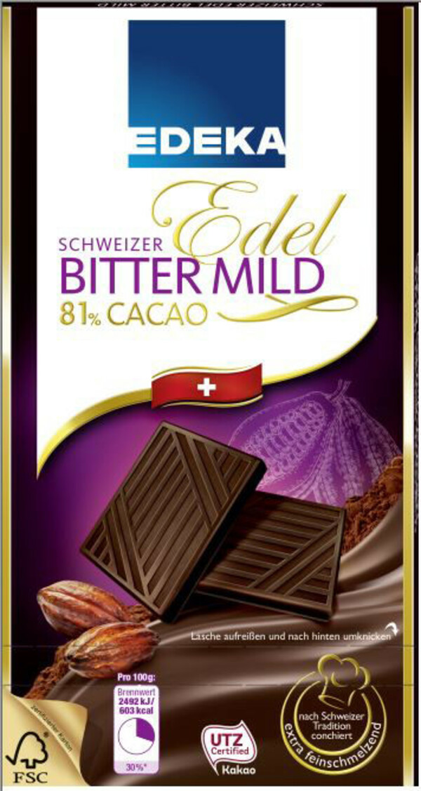 Bild 1 von EDEKA Schweizer Edel-Zartbitterschokolade 81% 100g 100 g