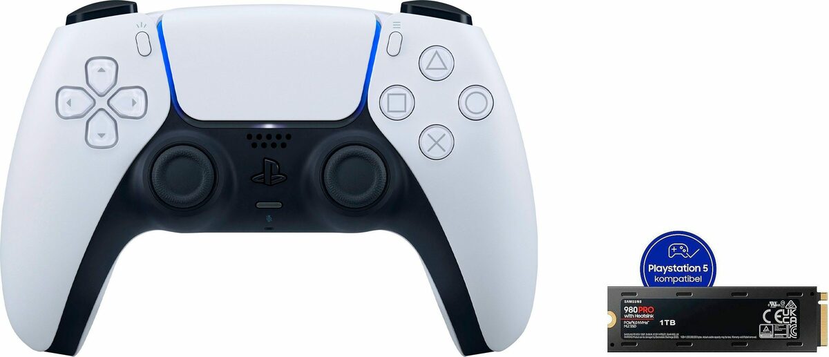 Bild 1 von Samsung SSD 980 Pro 1TB Heatsink + PS5 DualSense weiß interne SSD (1 TB) 7000 MB/S Lesegeschwindigkeit