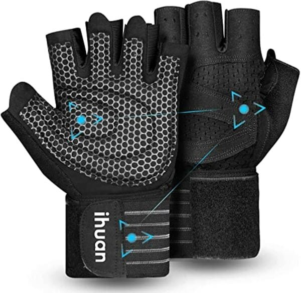 Bild 1 von ihuan Belüftete fitness handschuhe mit Handgelenkband-Unterstützung für Herren und Frauen | Schwarze Trainingshandschuhe | kompletter Handflächenschutz für Gewichtheben, Training, Fitness, Klimm