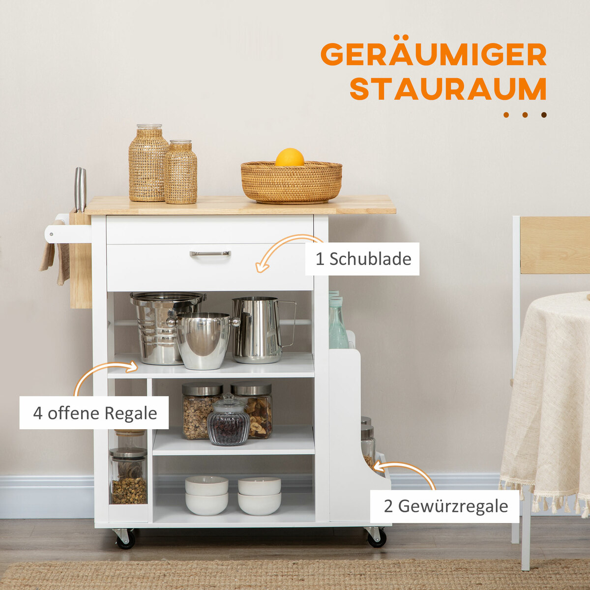 Bild 4 von HHOMCOM Küchenwagen, Servierwagen, Beistellwagen auf Rollen, Trolley, Weiß
