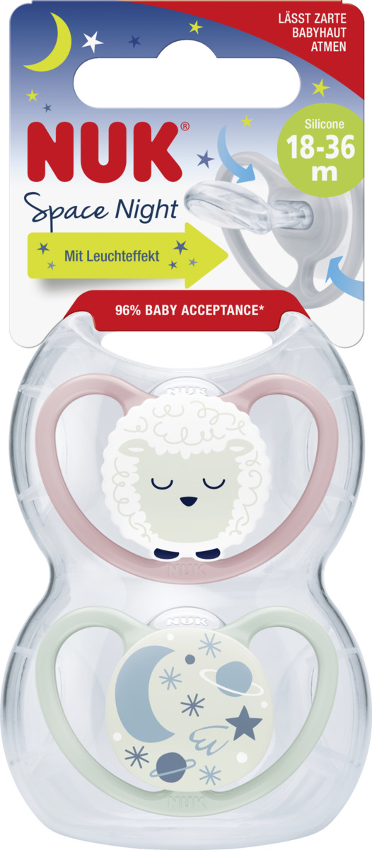 Bild 1 von NUK Space Night Silikon-Schnuller, rosa & mint, 18-36 Monate