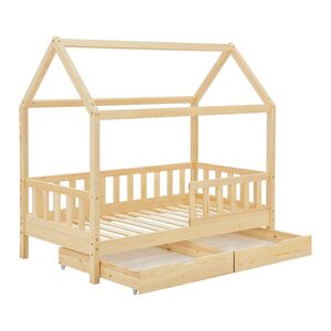 Juskys Kinderbett Marli 80 x 160 cm mit Bettkasten, Gitter, Lattenrost & Dach - Holz Hausbett Natur