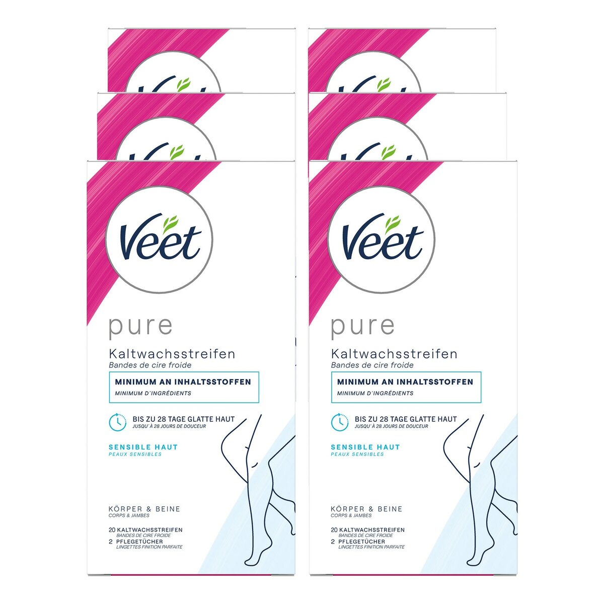 Bild 1 von Veet PURE Kaltwachsstreifen Beine & Körper sesible Haut 20 Stück, 6er Pack