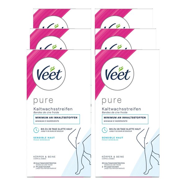 Bild 1 von Veet PURE Kaltwachsstreifen Beine & Körper sesible Haut 20 Stück, 6er Pack