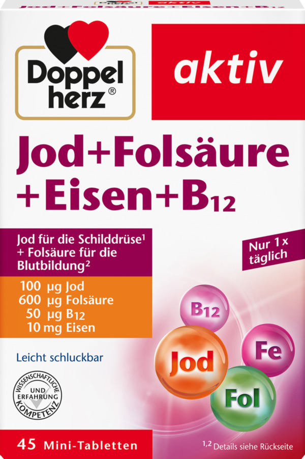 Bild 1 von Doppelherz akiv Jod + Folsäure + Eisen + B12 45 Mini-Tabletten