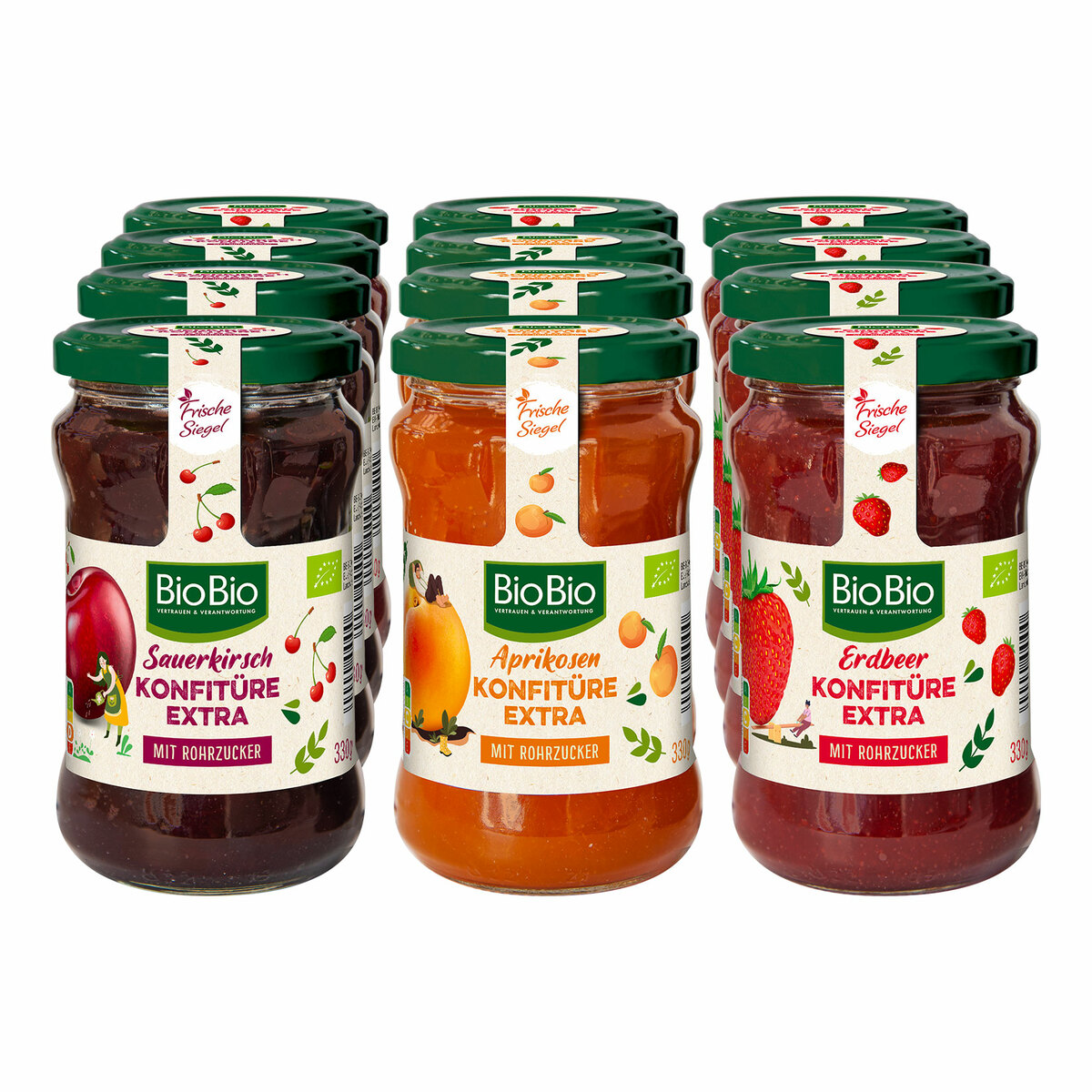 Bild 1 von BioBio Konfitüre mit Rohrzucker 330 g, verschiedene Sorten, 12er Pack