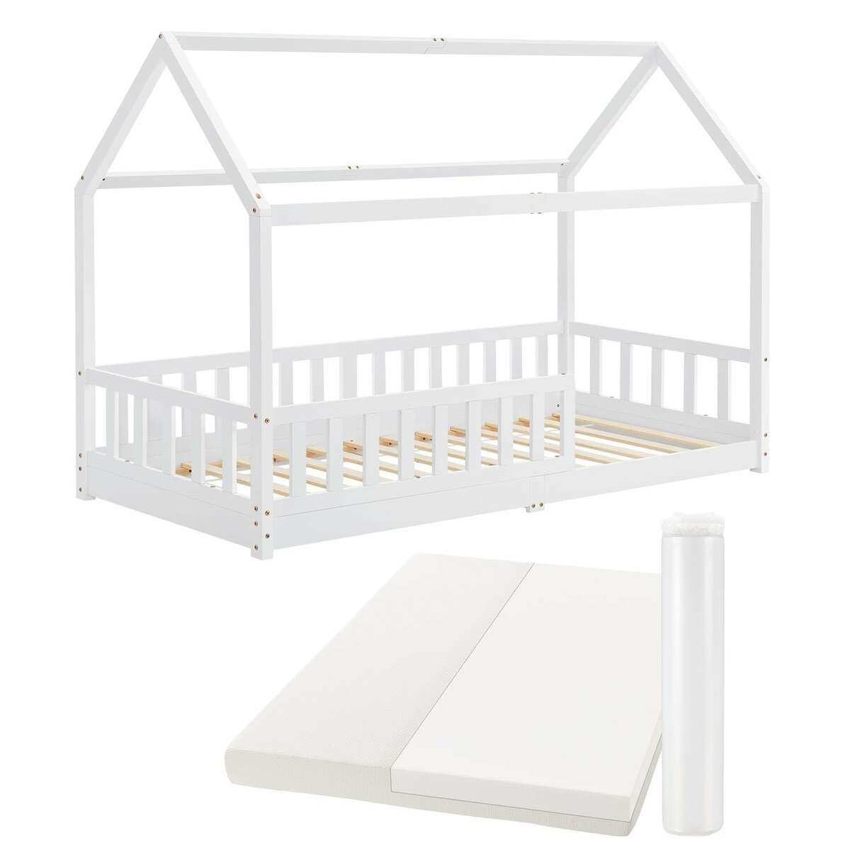 Bild 1 von Juskys Kinderbett Marli 90 x 200 cm mit Matratze, Gitter, Lattenrost & Dach - Bett Weiß