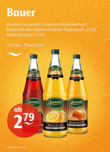 Bauer Brasilia Orangensaft, Andalucia Mandarinensaft, Birnensaft oder Mediterrann Merlot Traubensaft | 2,79 €
Pink Grapefruit | 3,49 €