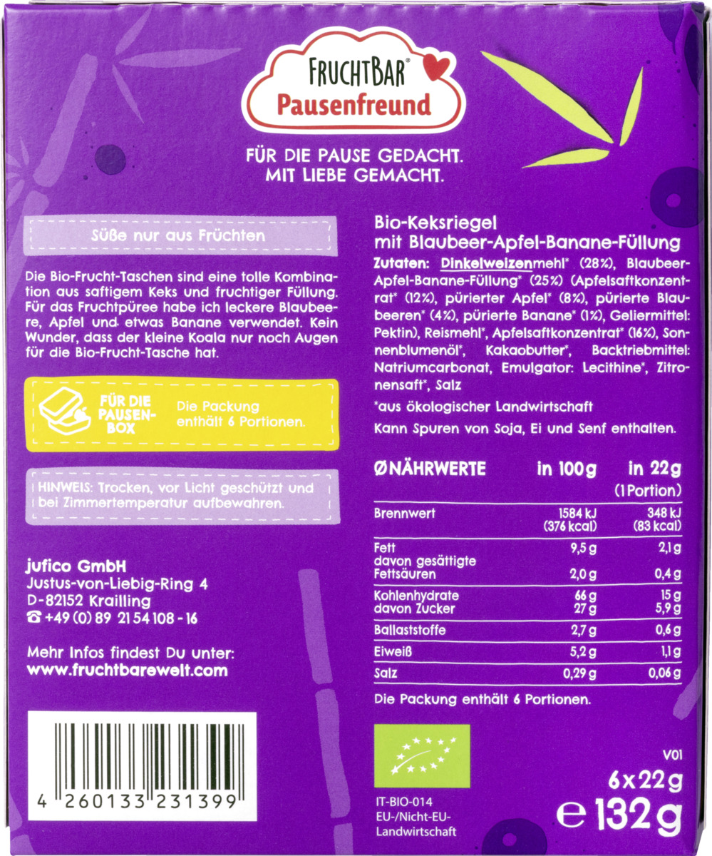 Bild 2 von FruchtBar Pausenfreund Bio-Frucht-Tasche Dinkel, Blaubeere, Apfel, Banane