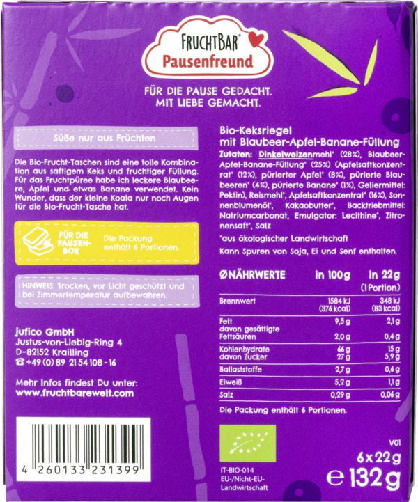 Bild 2 von FruchtBar Pausenfreund Bio-Frucht-Tasche Dinkel, Blaubeere, Apfel, Banane