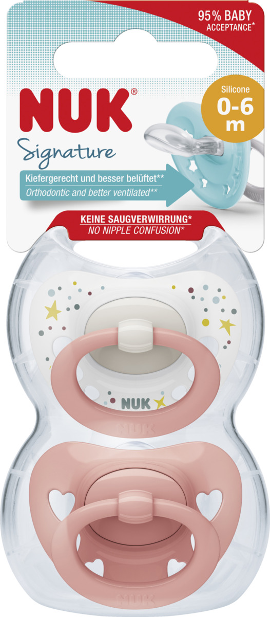 Bild 1 von NUK Signature Silikon-Schnuller, rosa & weiß, 0-6 Monate