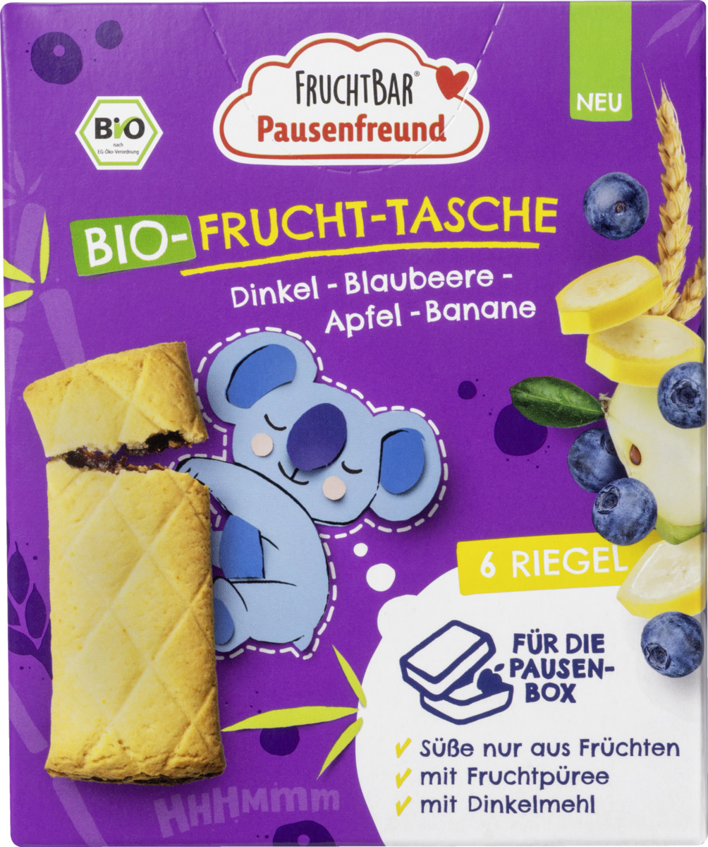 Bild 1 von FruchtBar Pausenfreund Bio-Frucht-Tasche Dinkel, Blaubeere, Apfel, Banane