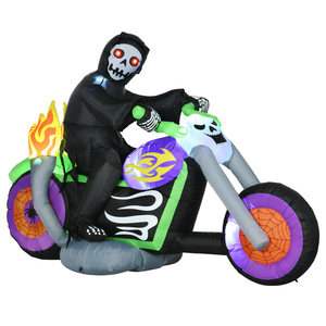 HOMCOM Halloween-Dekoration 1,44 m Höllenbiker Motorradfahrer-Geist mit LED-Beleuchtung Leuchtende Luftfigur Deko selbstaufblasend für Indoor & Outdoor, IP44