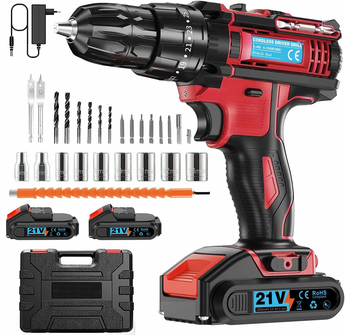 Bild 1 von EUARY Akku-Schraubendreher Akkuschrauber Akku-Schraubendreher 21V-Akku-Bohrschrauber-Set, 1200,00 U/min, (2-Gang), Universal Drill zwei 21 V Batterien, 1200 U/min, 45,00 Nm, Drehmoment