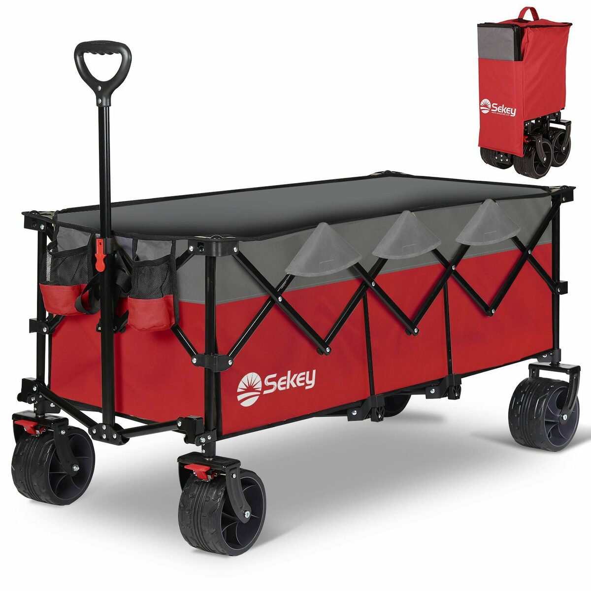 Bild 1 von Sekey Bollerwagen Extralanger Handwagen Gartenwagen Transportkarre bis zu 150KG, Breite Reifen, Ultrakompakte Faltgröße 54*34*24cm, mit Bremsen