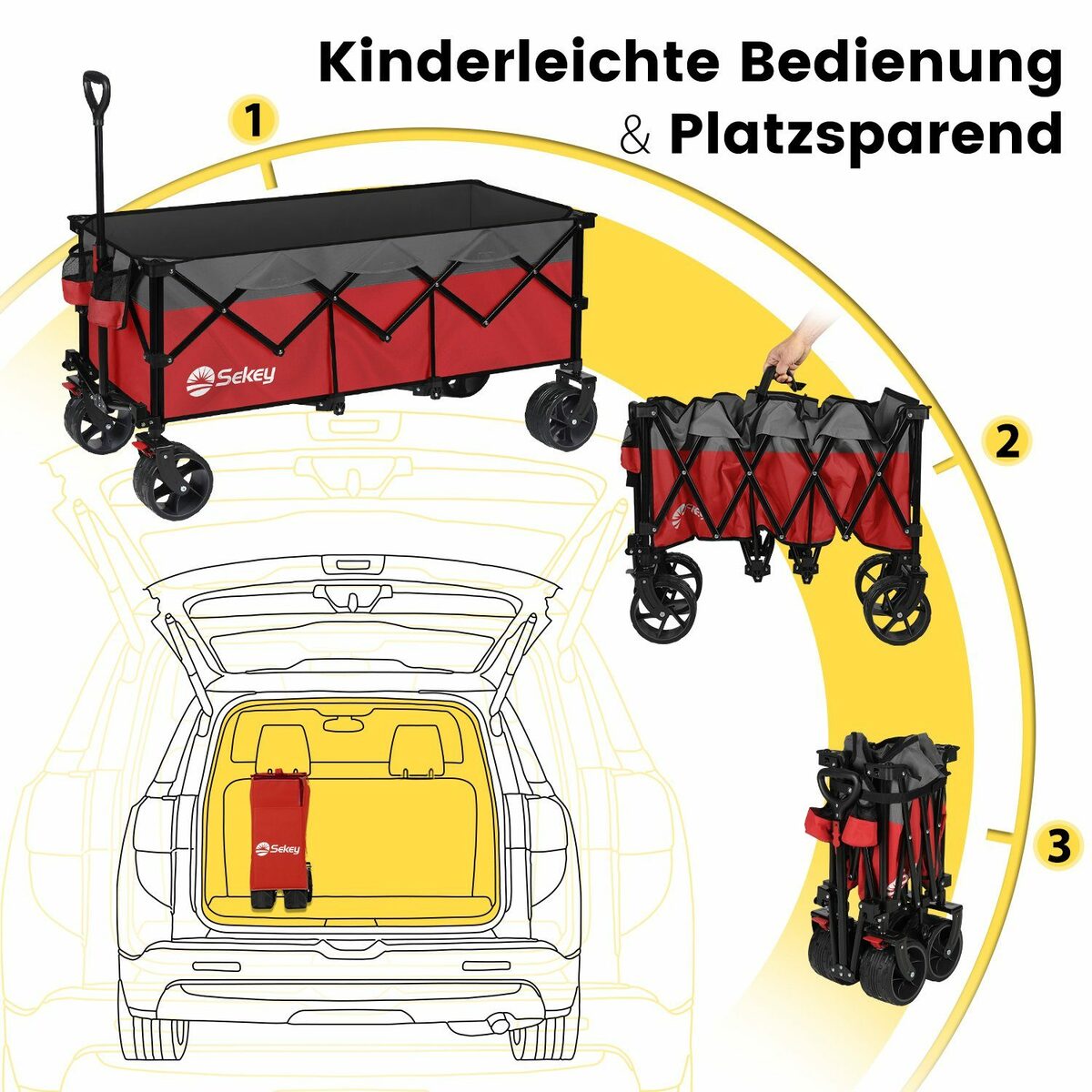 Bild 2 von Sekey Bollerwagen Extralanger Handwagen Gartenwagen Transportkarre bis zu 150KG, Breite Reifen, Ultrakompakte Faltgröße 54*34*24cm, mit Bremsen