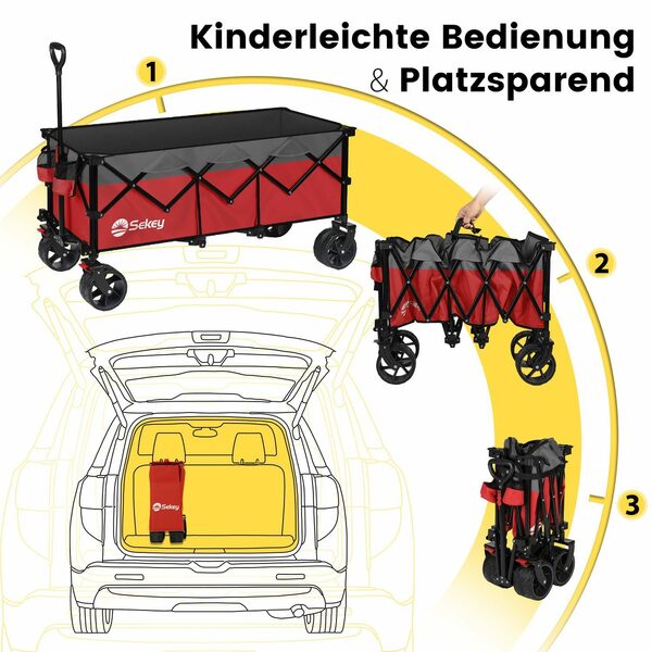 Bild 2 von Sekey Bollerwagen Extralanger Handwagen Gartenwagen Transportkarre bis zu 150KG, Breite Reifen, Ultrakompakte Faltgröße 54*34*24cm, mit Bremsen