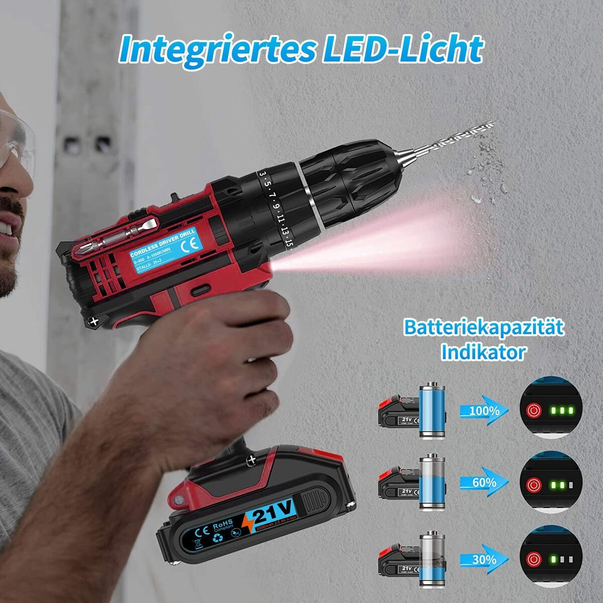 Bild 4 von EUARY Akku-Schraubendreher Akkuschrauber Akku-Schraubendreher 21V-Akku-Bohrschrauber-Set, 1200,00 U/min, (2-Gang), Universal Drill zwei 21 V Batterien, 1200 U/min, 45,00 Nm, Drehmoment