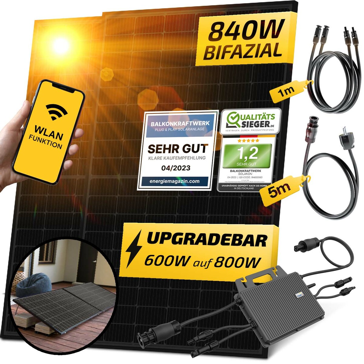 Bild 1 von Balkonkraftwerk 840W / 600W Solaranlage Steckerfertig WIFI mit Halterung Komplettset Photovoltaik Anlage 600W/800W
