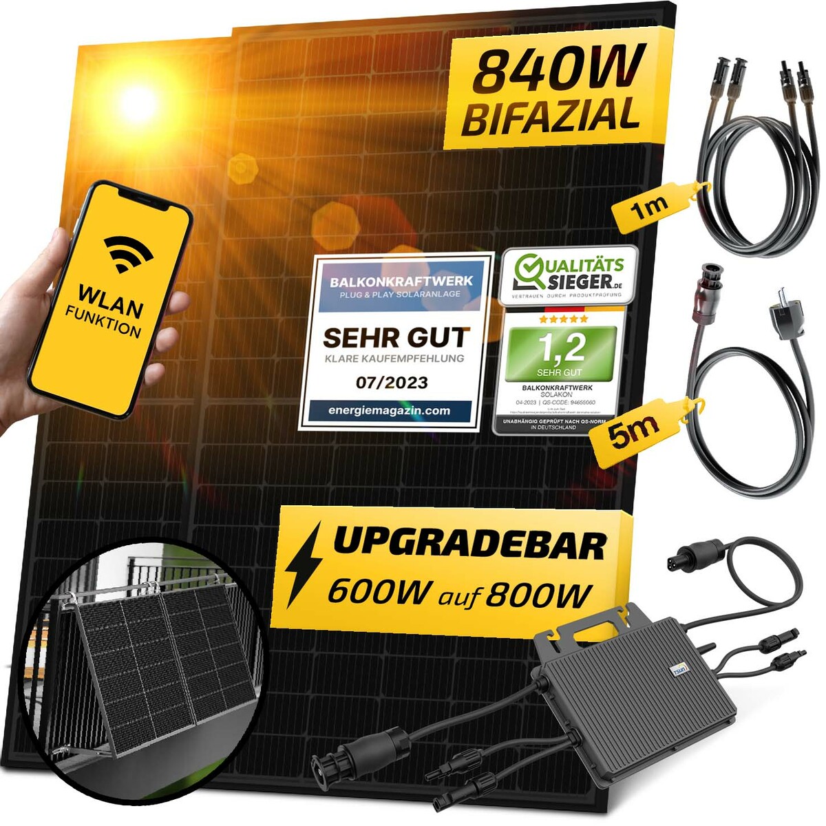 Bild 1 von Balkonkraftwerk 840W / 600W Solaranlage Steckerfertig WIFI mit Halterung Komplettset Photovoltaik Anlage 600W/800W